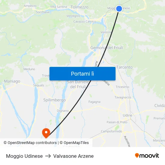 Moggio Udinese to Valvasone Arzene map