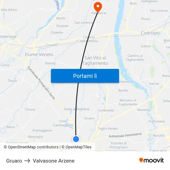 Gruaro to Valvasone Arzene map