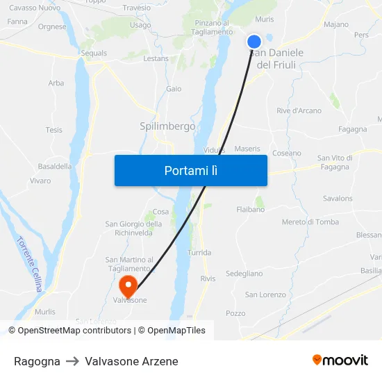 Ragogna to Valvasone Arzene map