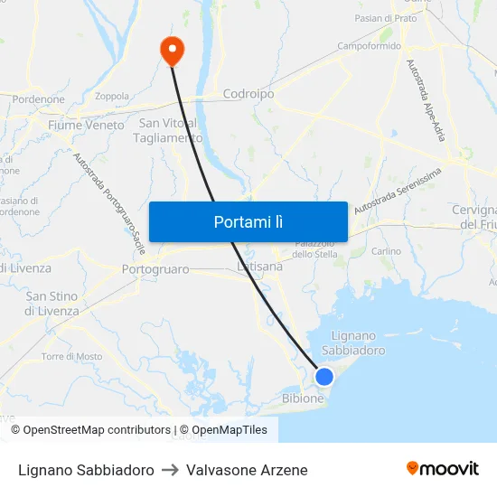 Lignano Sabbiadoro to Valvasone Arzene map