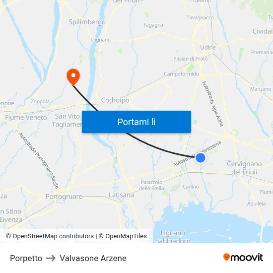 Porpetto to Valvasone Arzene map