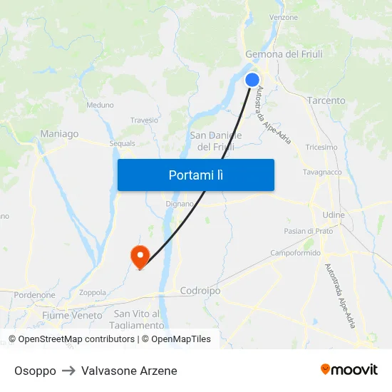 Osoppo to Valvasone Arzene map