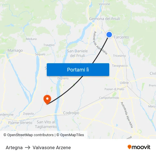 Artegna to Valvasone Arzene map