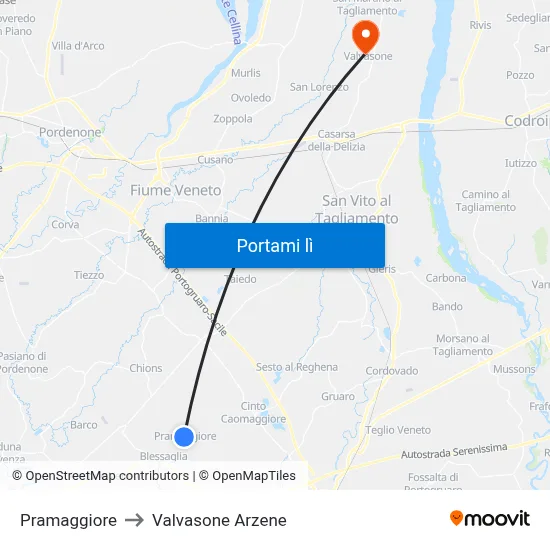 Pramaggiore to Valvasone Arzene map