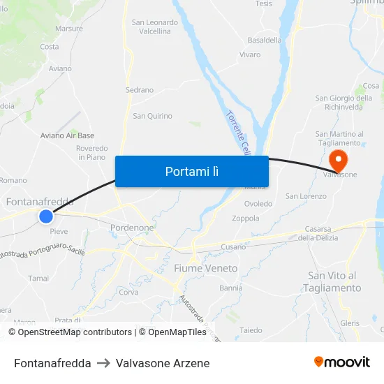 Fontanafredda to Valvasone Arzene map