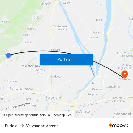 Budoia to Valvasone Arzene map