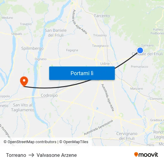Torreano to Valvasone Arzene map