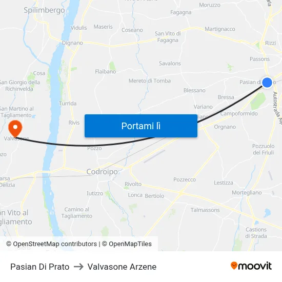Pasian Di Prato to Valvasone Arzene map