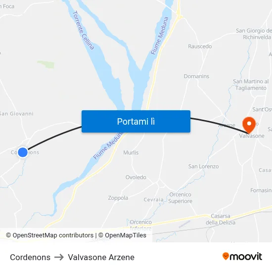 Cordenons to Valvasone Arzene map