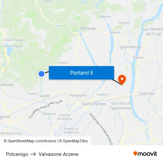 Polcenigo to Valvasone Arzene map
