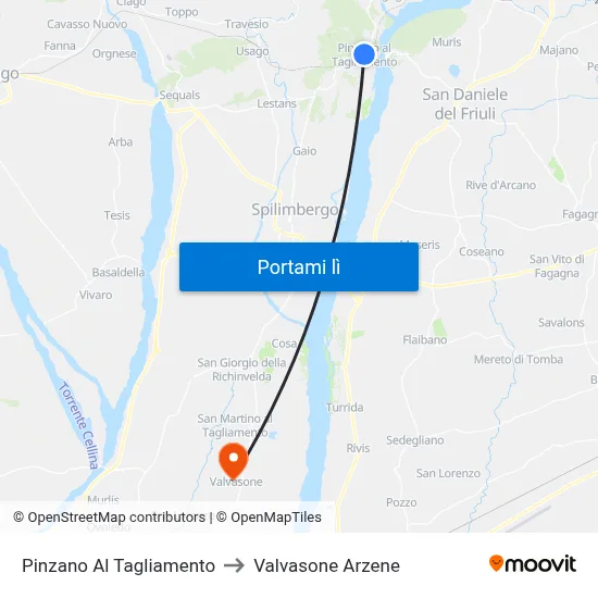 Pinzano Al Tagliamento to Valvasone Arzene map
