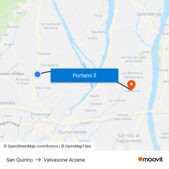 San Quirino to Valvasone Arzene map