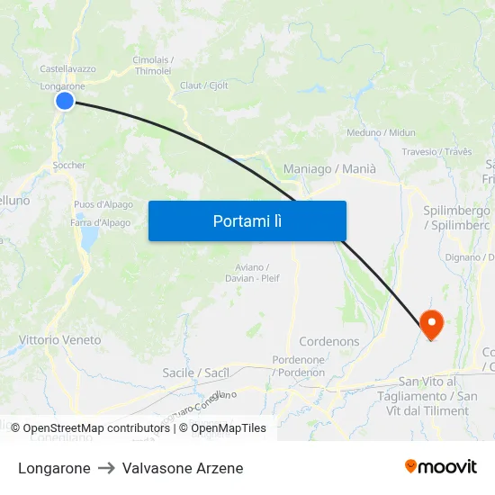 Longarone to Valvasone Arzene map