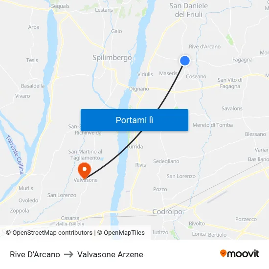 Rive D'Arcano to Valvasone Arzene map