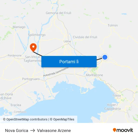 Nova Gorica to Valvasone Arzene map