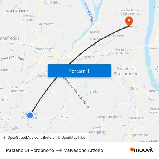 Pasiano Di Pordenone to Valvasone Arzene map