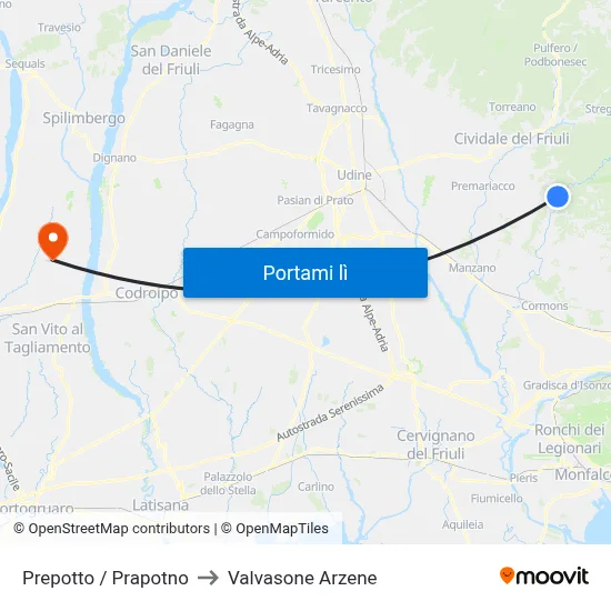 Prepotto / Prapotno to Valvasone Arzene map