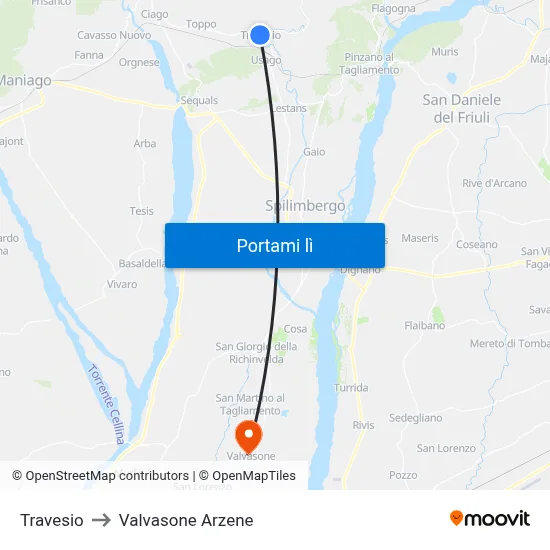 Travesio to Valvasone Arzene map