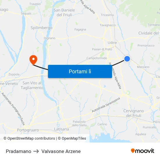Pradamano to Valvasone Arzene map