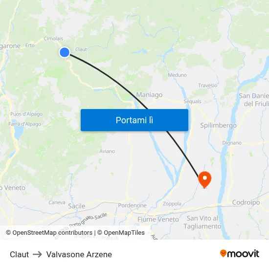 Claut to Valvasone Arzene map