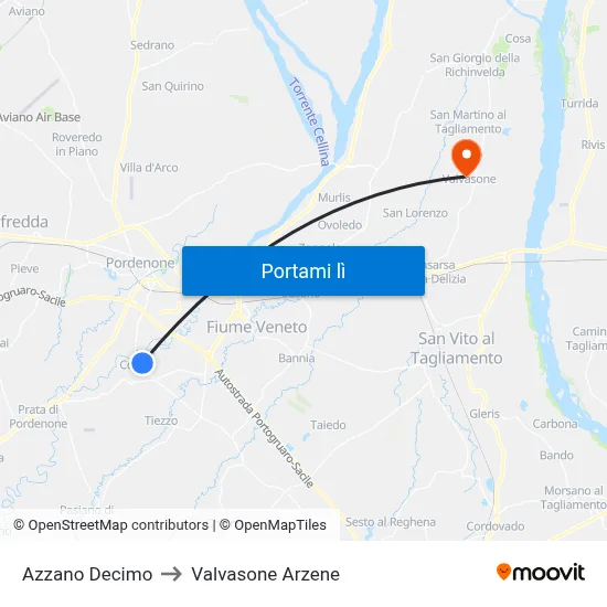 Azzano Decimo to Valvasone Arzene map