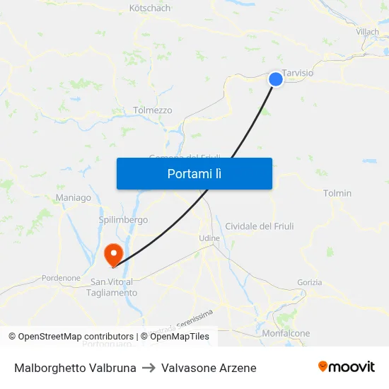 Malborghetto Valbruna to Valvasone Arzene map