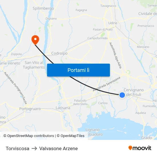 Torviscosa to Valvasone Arzene map