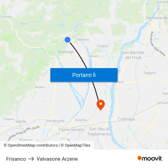 Frisanco to Valvasone Arzene map