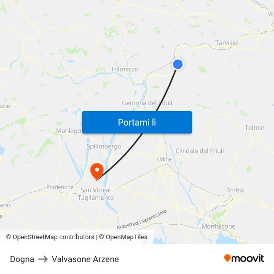 Dogna to Valvasone Arzene map