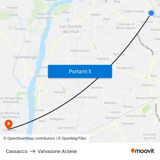 Cassacco to Valvasone Arzene map
