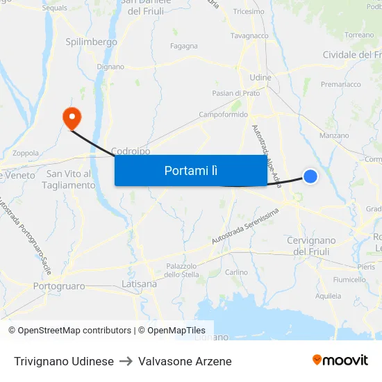 Trivignano Udinese to Valvasone Arzene map
