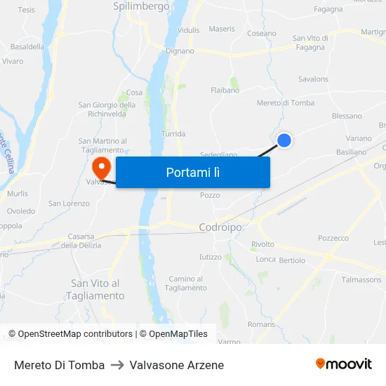 Mereto Di Tomba to Valvasone Arzene map
