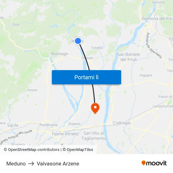 Meduno to Valvasone Arzene map