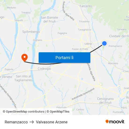 Remanzacco to Valvasone Arzene map
