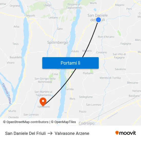 San Daniele Del Friuli to Valvasone Arzene map
