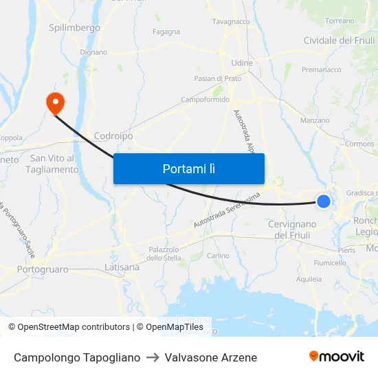 Campolongo Tapogliano to Valvasone Arzene map