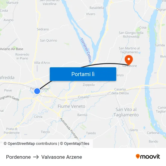 Pordenone to Valvasone Arzene map