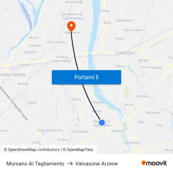 Morsano Al Tagliamento to Valvasone Arzene map