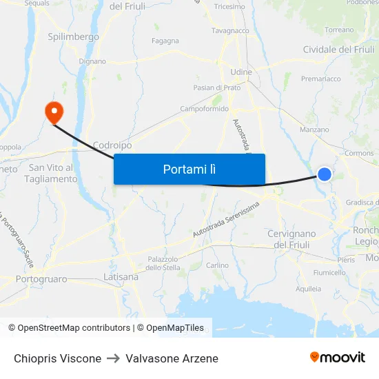 Chiopris Viscone to Valvasone Arzene map