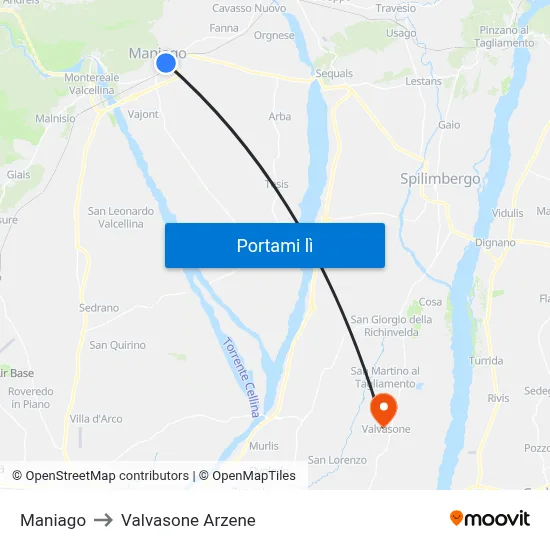 Maniago to Valvasone Arzene map