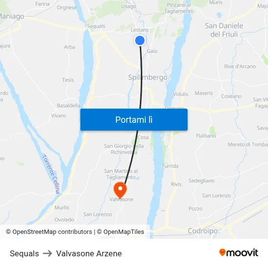 Sequals to Valvasone Arzene map