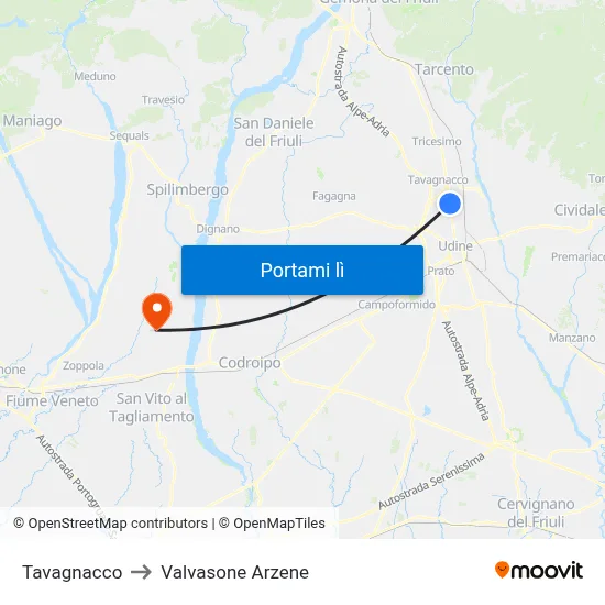 Tavagnacco to Valvasone Arzene map