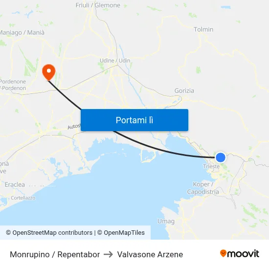 Monrupino / Repentabor to Valvasone Arzene map