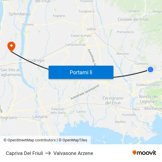 Capriva Del Friuli to Valvasone Arzene map