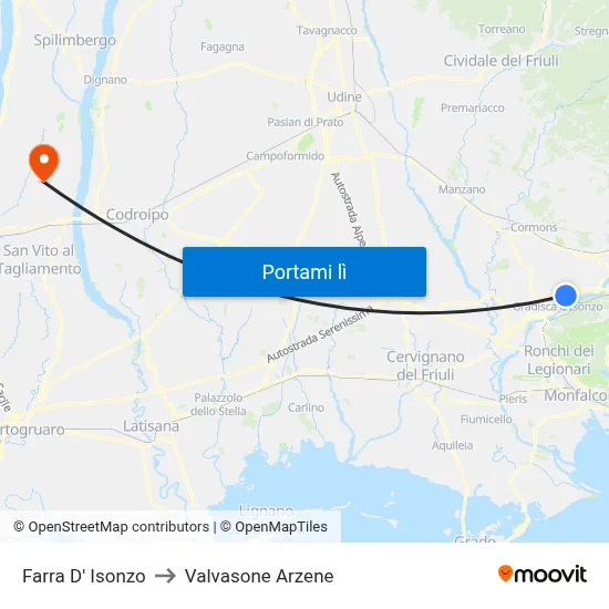 Farra D' Isonzo to Valvasone Arzene map