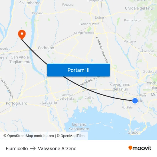Fiumicello to Valvasone Arzene map
