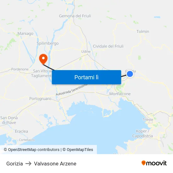 Gorizia to Valvasone Arzene map