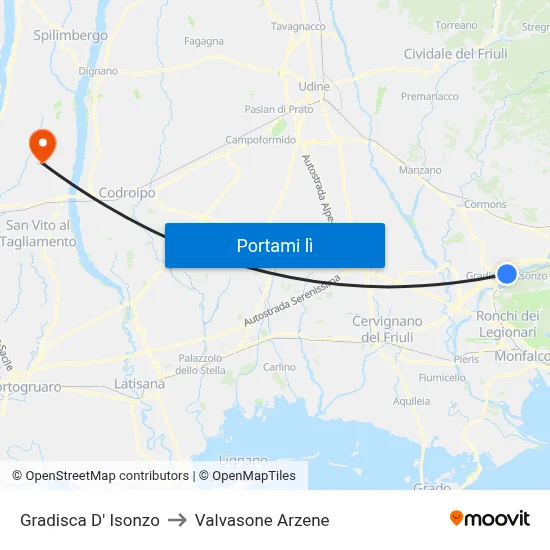 Gradisca D' Isonzo to Valvasone Arzene map