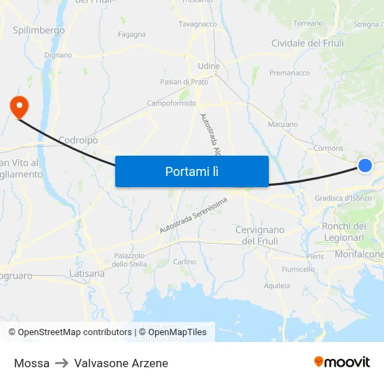 Mossa to Valvasone Arzene map