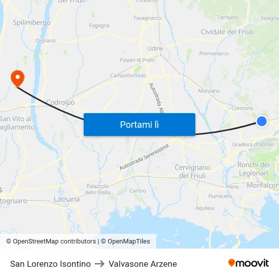 San Lorenzo Isontino to Valvasone Arzene map